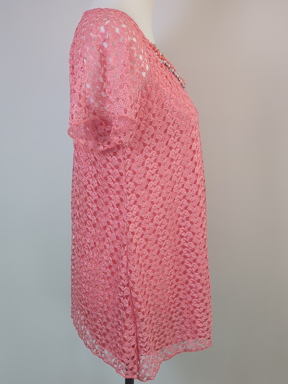 Brittany Black Coral Pink Lace Overlay Blouse Scoop Neck Beaded Embellished Top - Picture 7 of 14